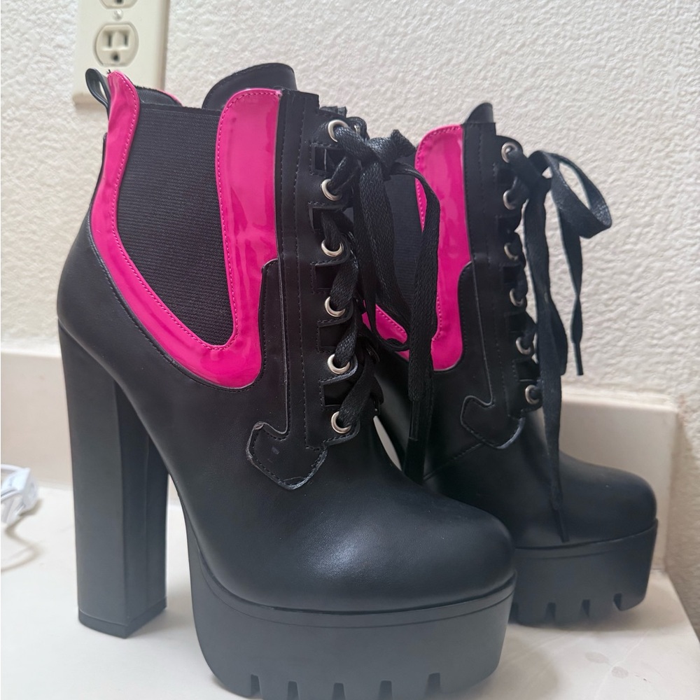 Black and Pink Heeled Boots